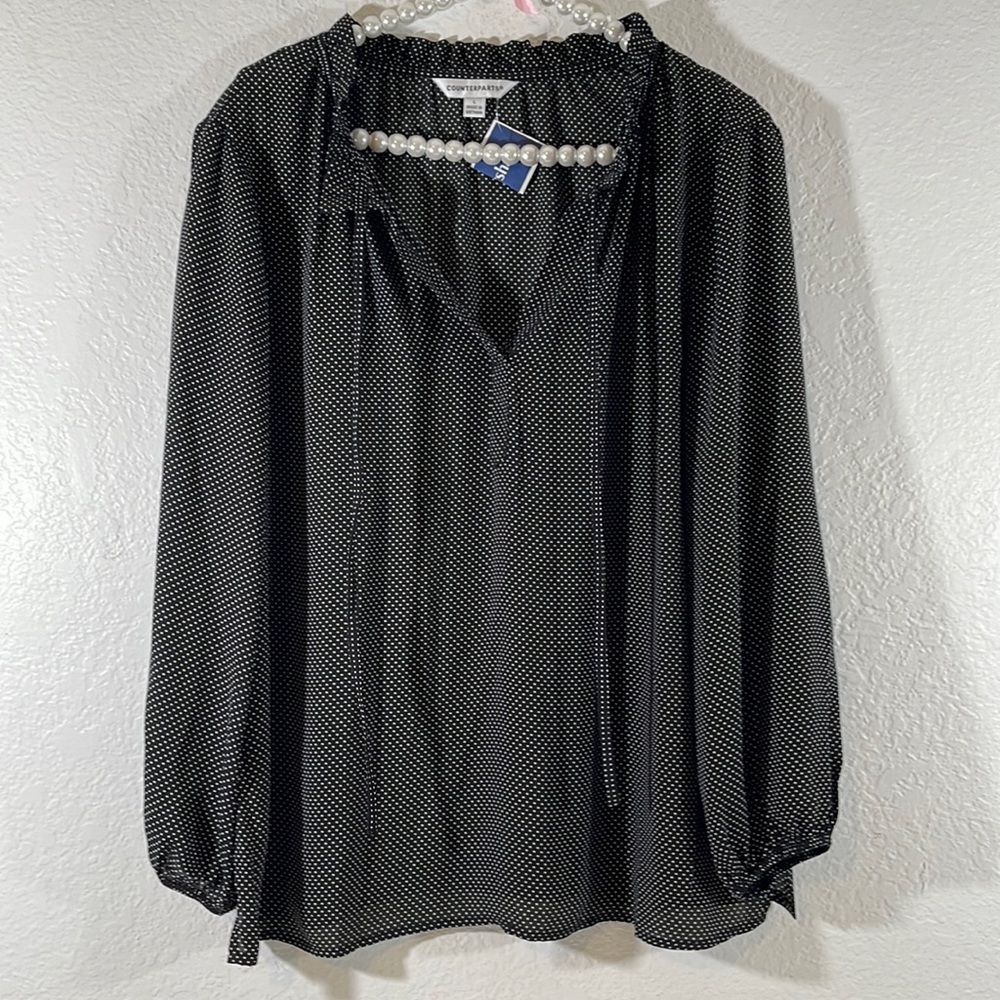 COUNTERPARTS Tie Neck Blouse Top Black & White Polka Dots Long Sleeve Size L NEW